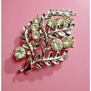 Vintage Rhinestone Leaf Brooch Silver Tone 2” Estate Statement